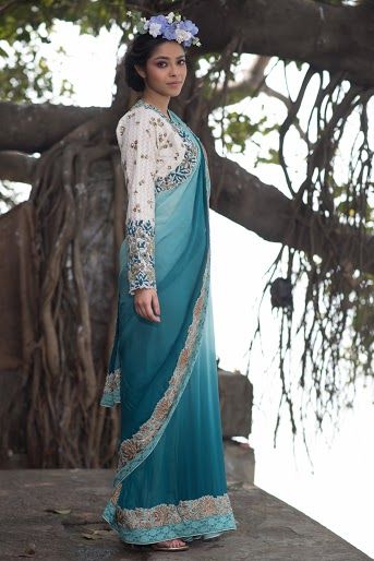 Photo of shaded light blue and turquoise ombre saree with full sleeved blouse in white