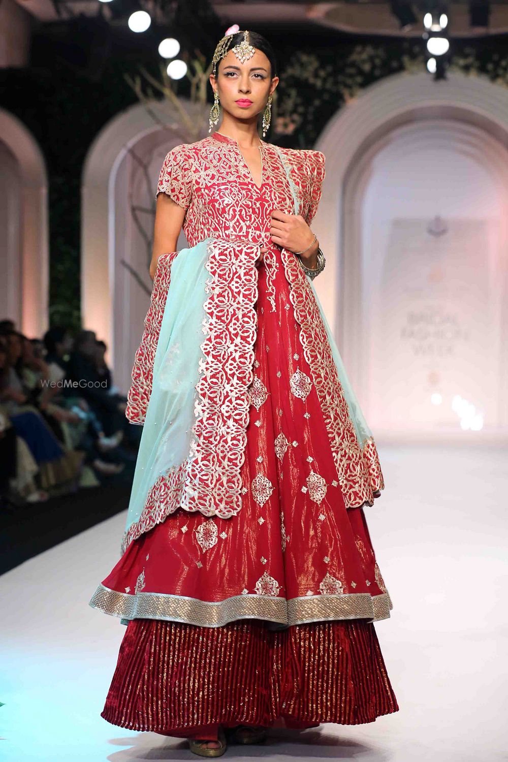 Photo of Layered anarkali lehenga in red with aqua mint colored dupatta