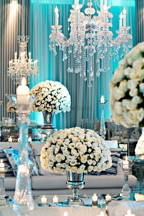 Photo of Pretty white roses as table centerpiece