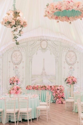 Photo of Parisian engagement decor in light pink and white