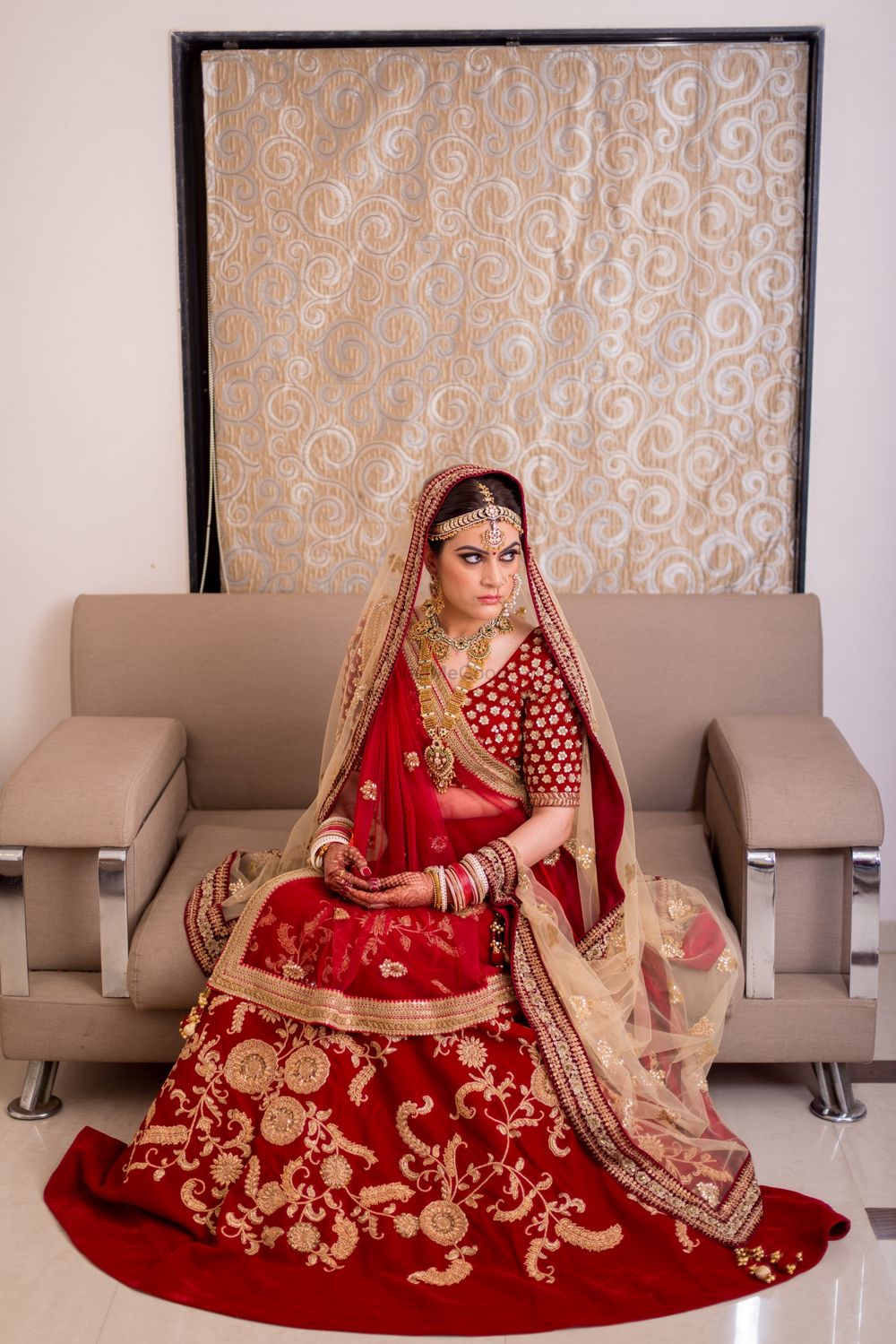 Photo of Crimson Bridal Lehenga with Gold Embroidery and Dupatta