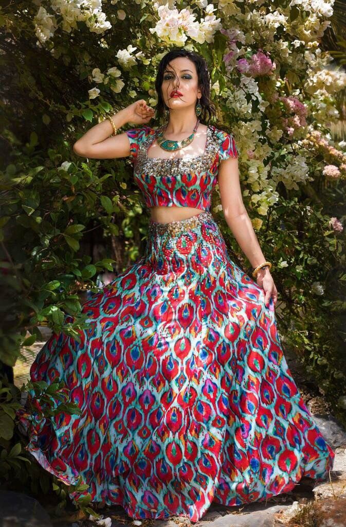 Photo of Quirky printed red and mint lehenga for mehendi