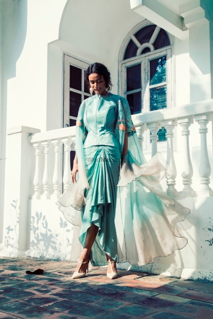 Photo of Light blue outfit with cape for mehendi or brunch