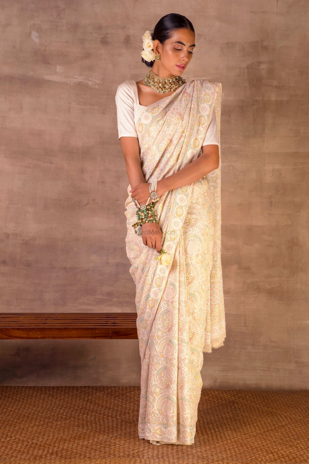 Photo of A pastel-hued saree for reception.