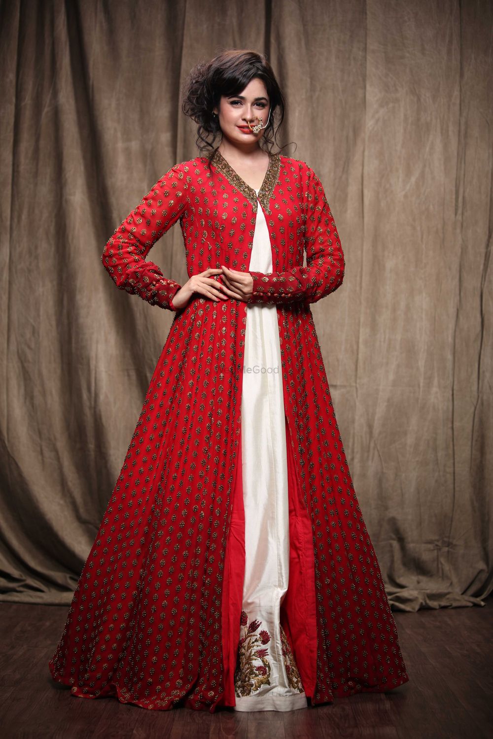 Photo of red floor length anarkali jacket with white underlay