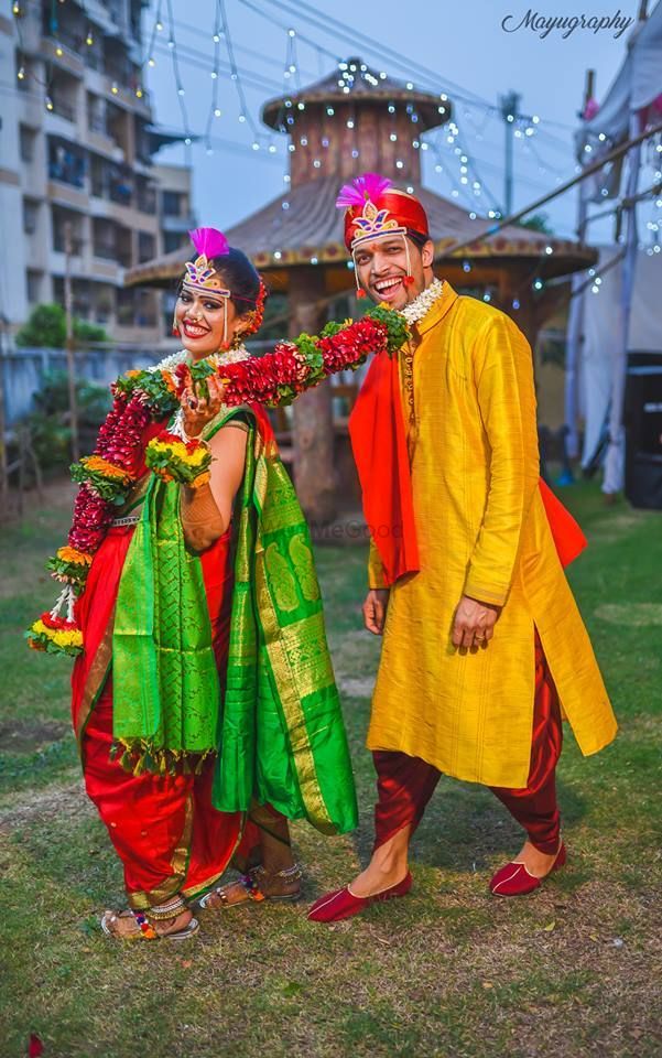 Photo of Cute couple portrait  in a maharashtrian wedding
