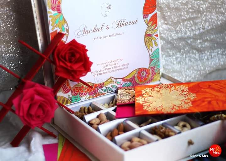 Photo of Colorful wedding invitation card with box ,