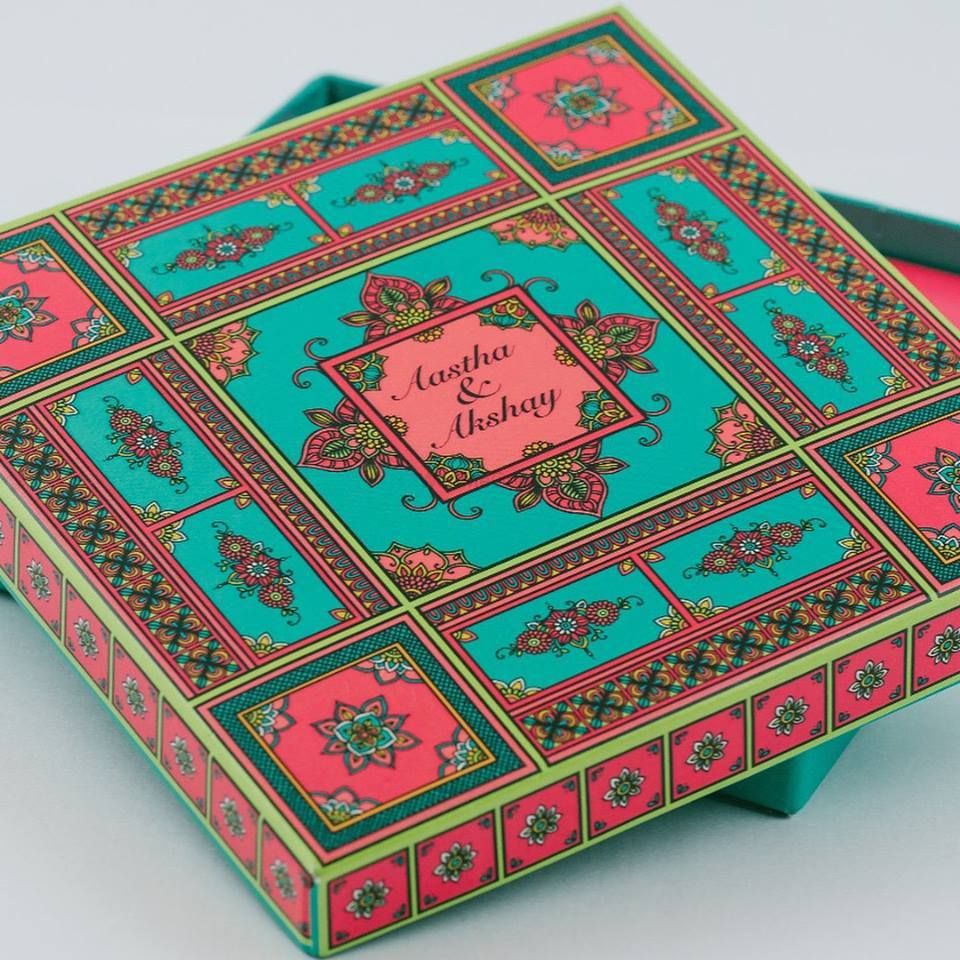 Photo of Teal and pink theme wedding invite box