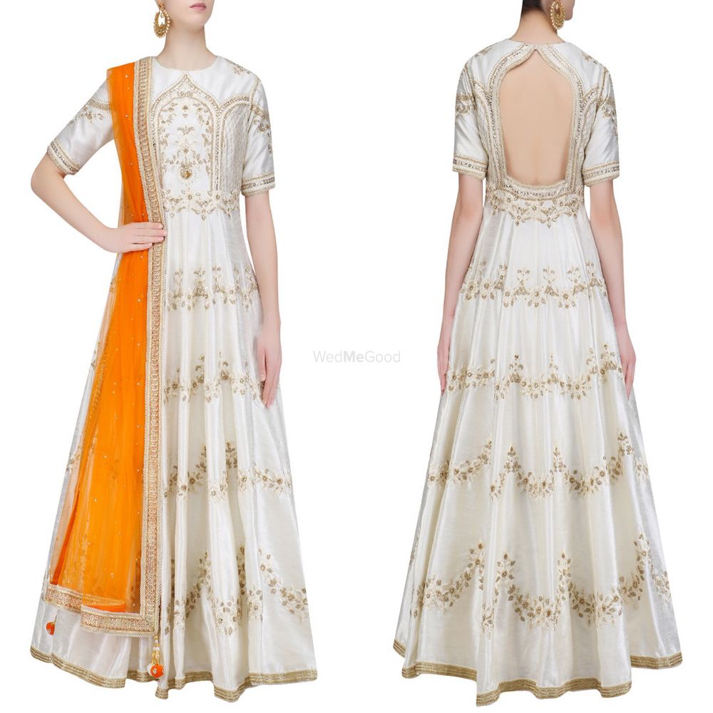 Photo of white and gold anarkali with double shaded orange color dupatta