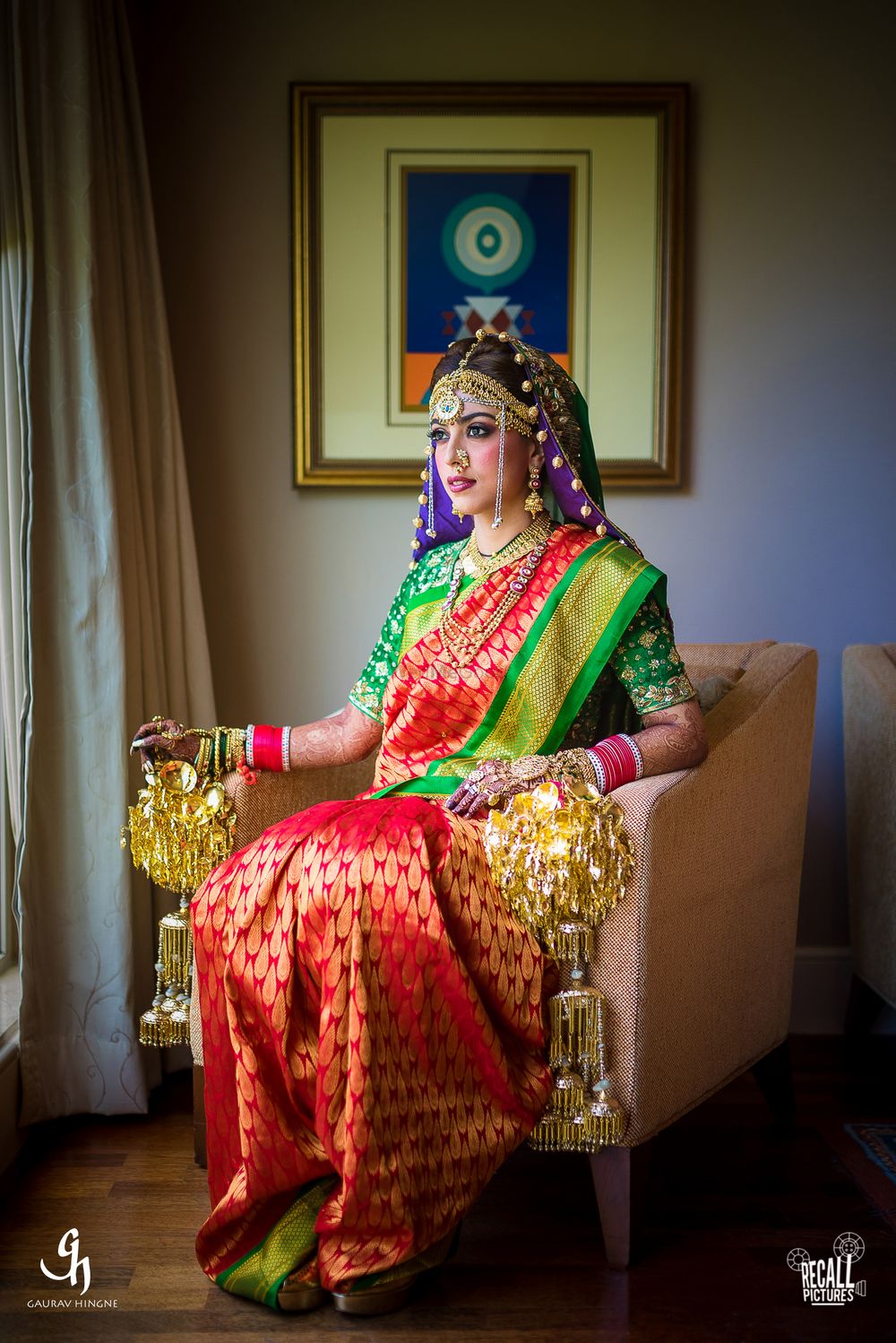 Photo of Marathi Bride Wearing Red Green and Purple Kasta Sari