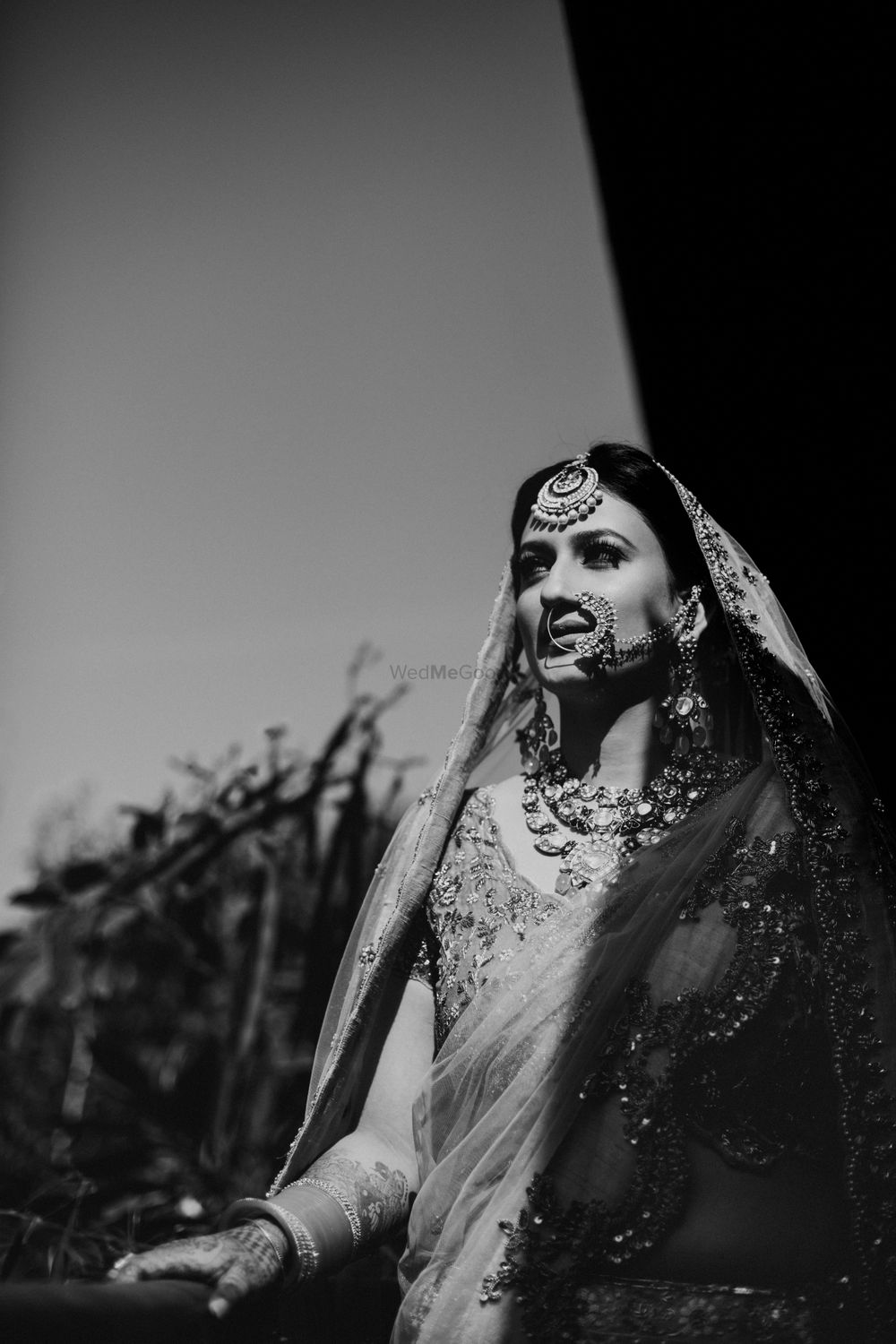 Photo of Black and white bridal portrait looking up