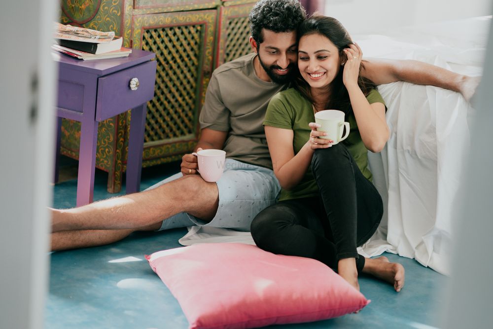 Photo of pre wedding couple shoot at home with coffee