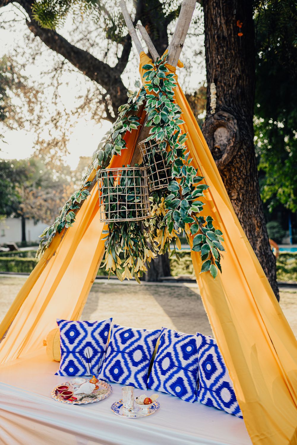Photo of Vibrant teepee tent seating.