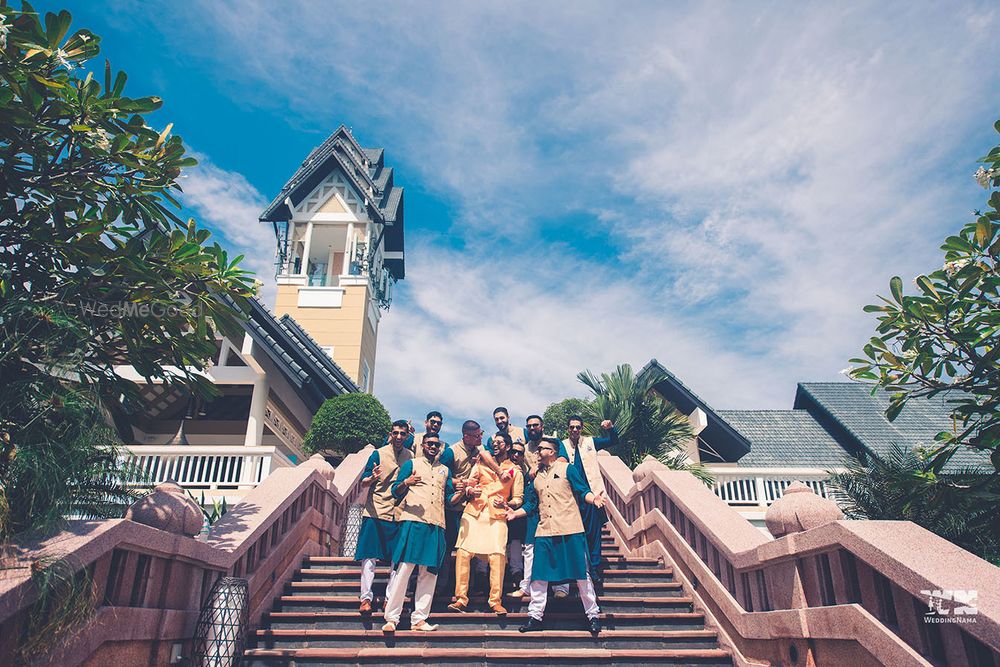 Photo of A fun picture of a groom with his groomsmen.