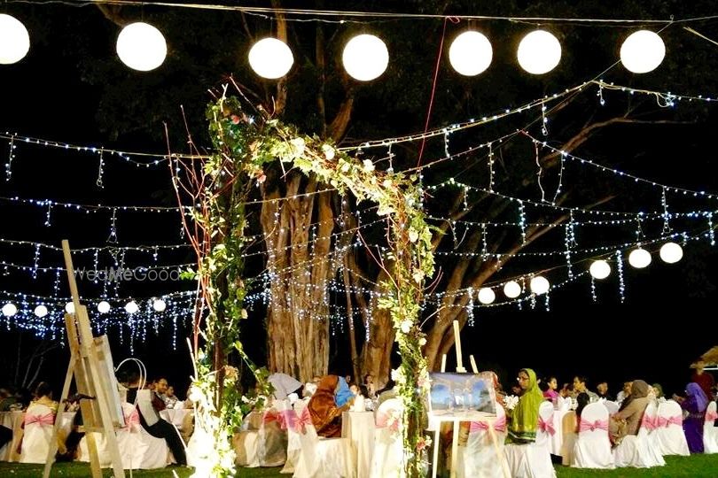 Photo of destination wedding fairy lit decor