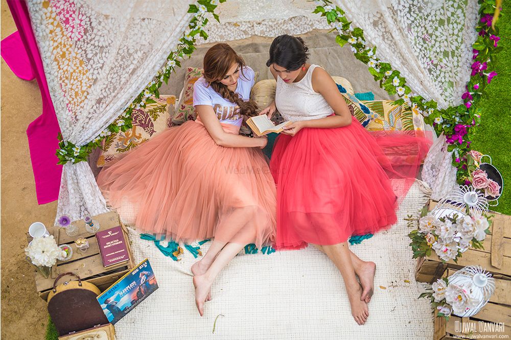 Photo of Pre wedding shoot with bridesmaids in glamping theme