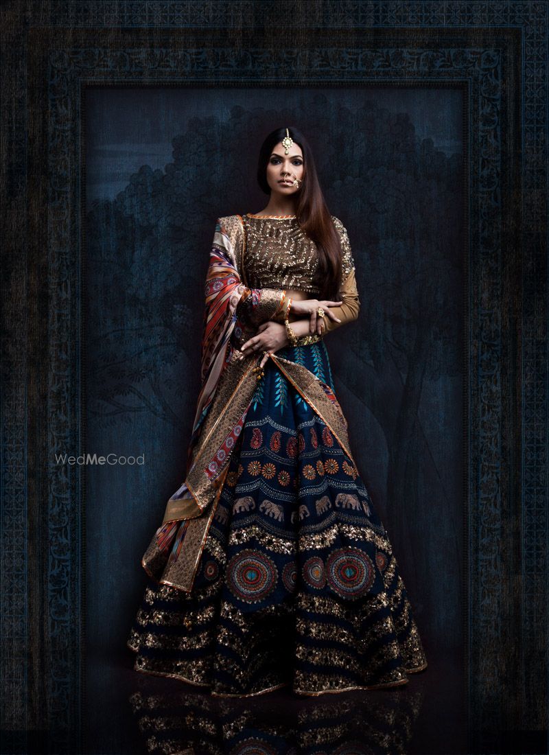 Photo of Dark Blue and Gold Lehenga with Embroidery and Sequins