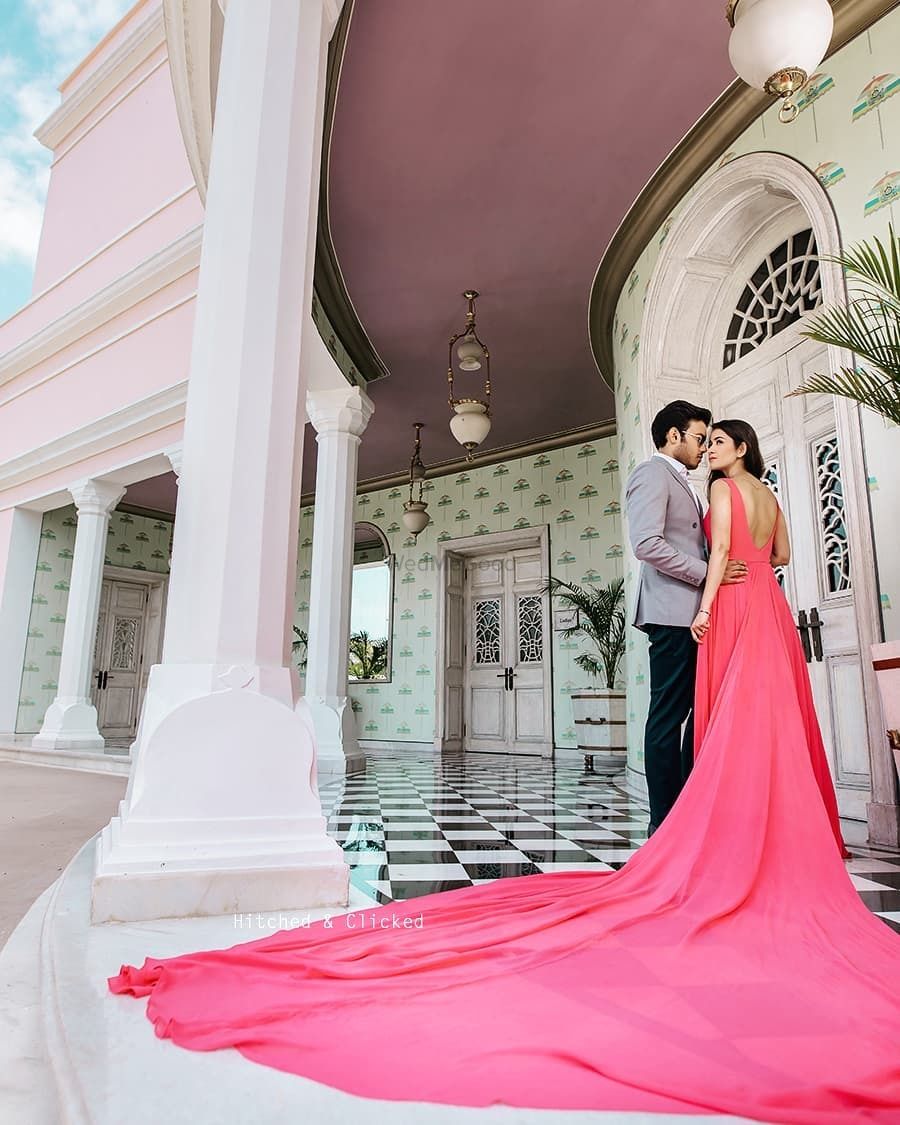 Photo of glam pre wedding shoot idea with train gown