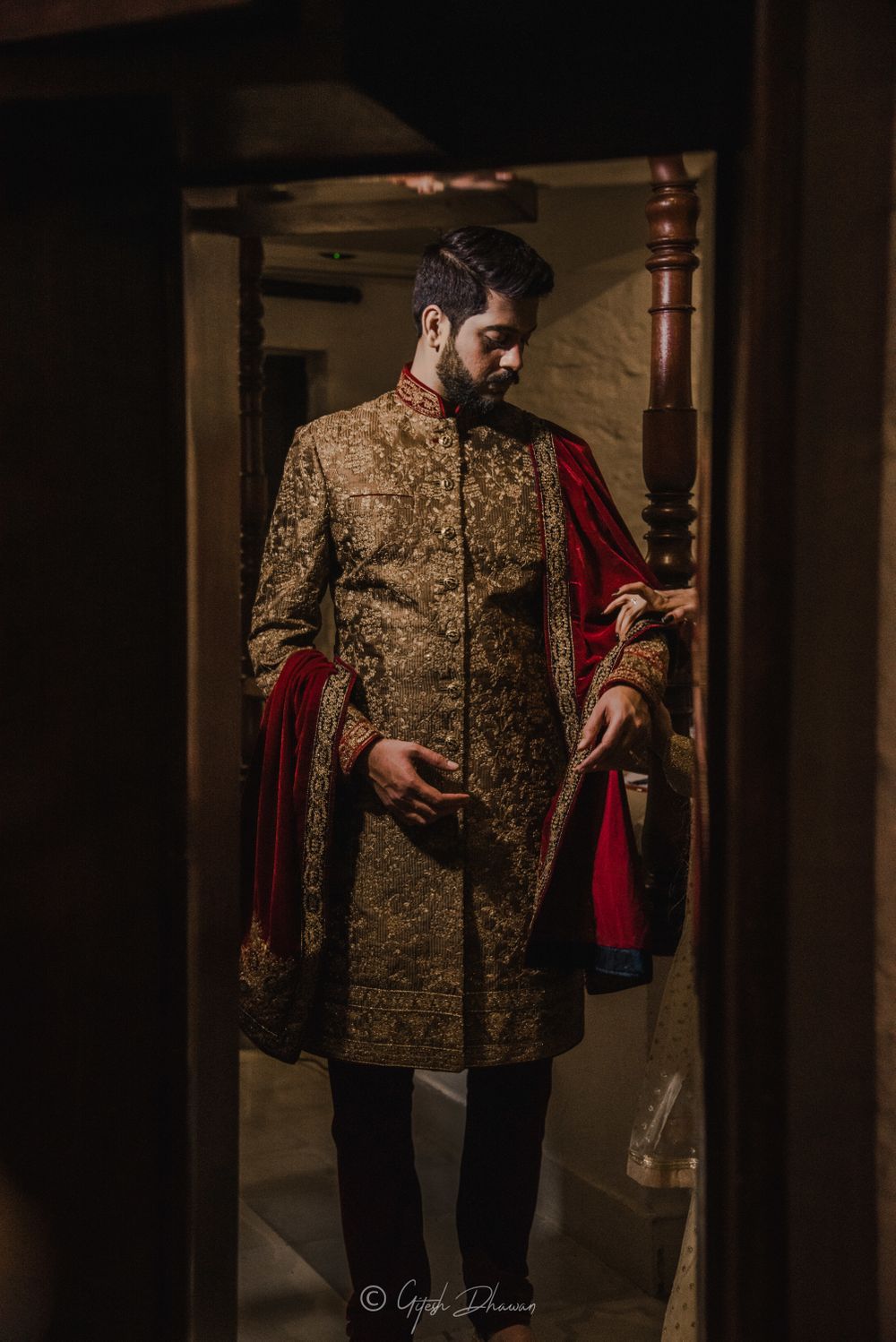 Photo of groom threadwork sherwani with maroon stole