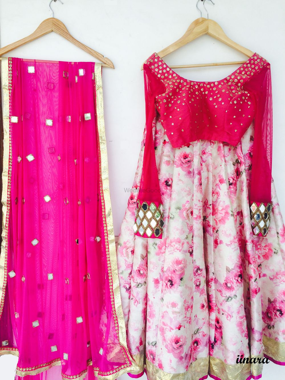 Photo of floral print  wtaercolor effect lehenga with full sleeves and sequin round big