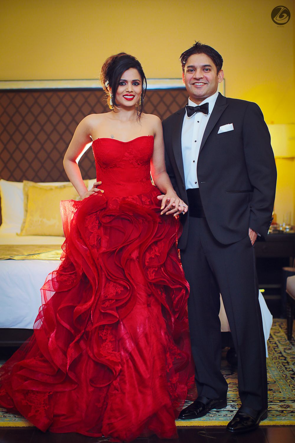 Photo of Red strapless ruffled gown for cocktail party