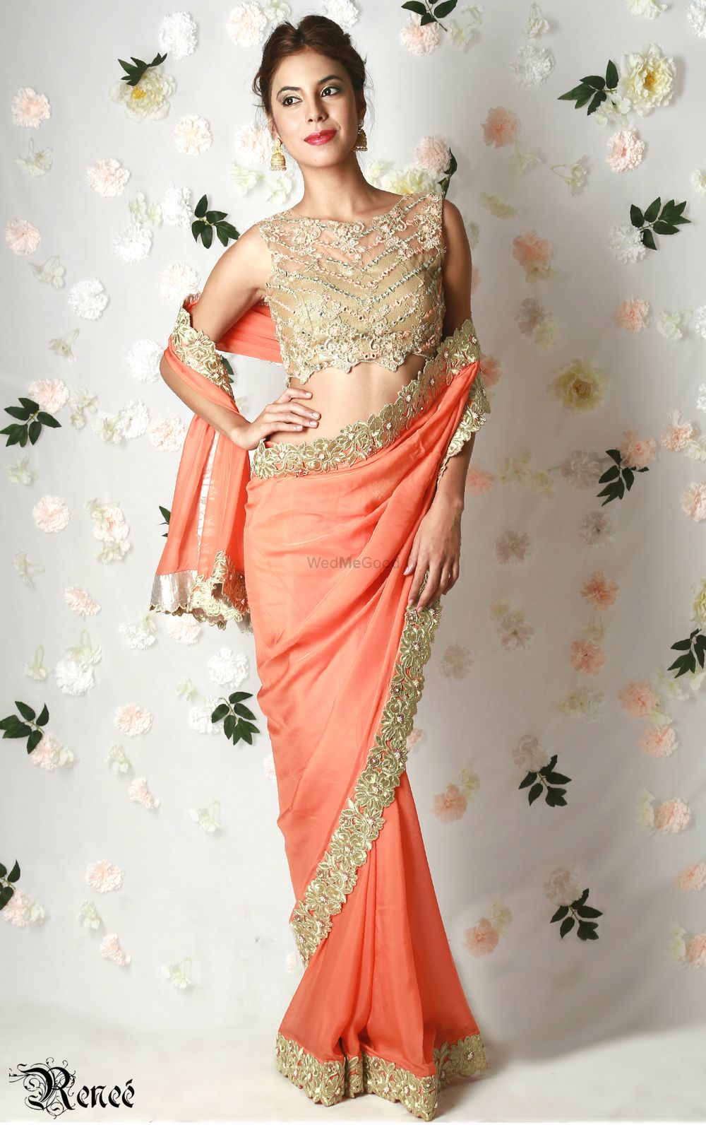 Photo of Peach saree with gold bead work blouse and border