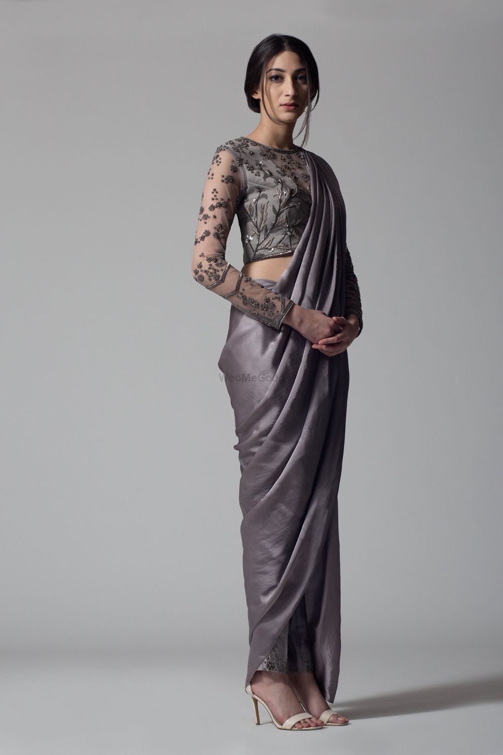 Photo of Dark grey monotone saree with net and bead work blouse