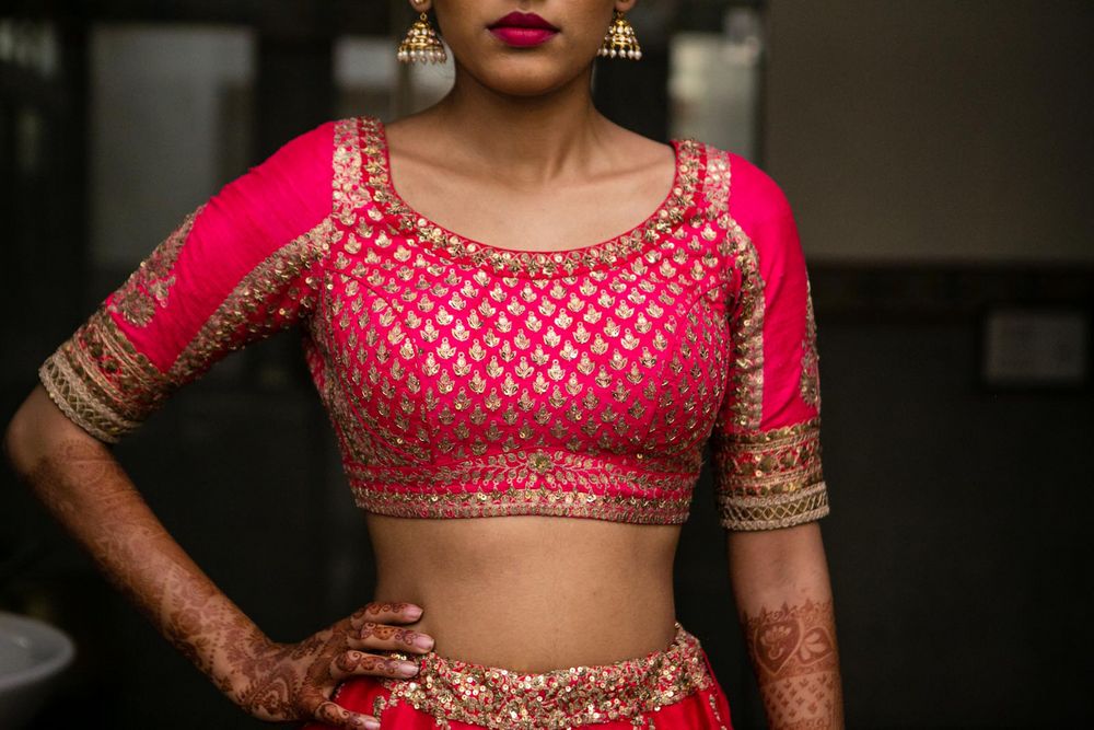 Photo of Pink bridal lehenga blouse with sequin and zari work