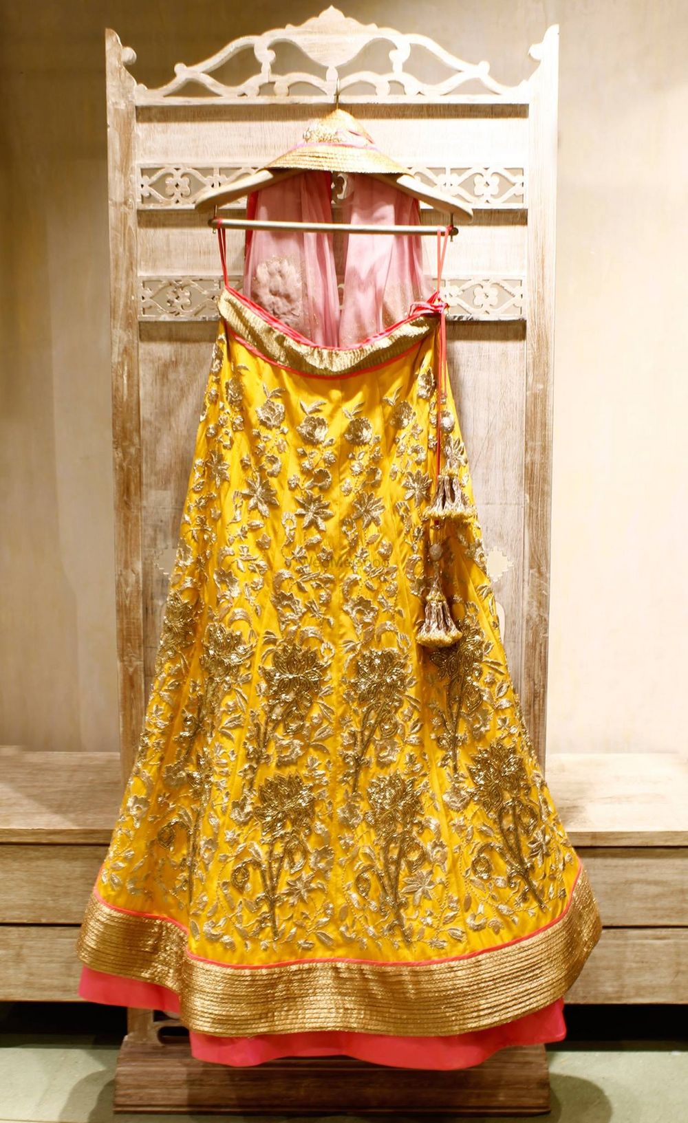 Photo of Yellow matka silk bridal lehenga with all over gold intricate embroidery