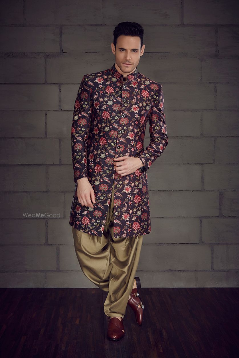 Photo of Purple floral sherwani for groom