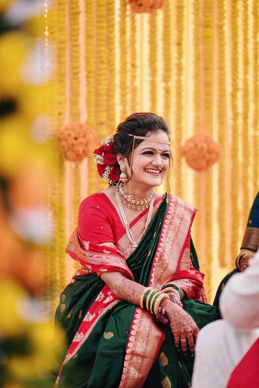 Photo of A happy Maharashtrian bridal portrait.