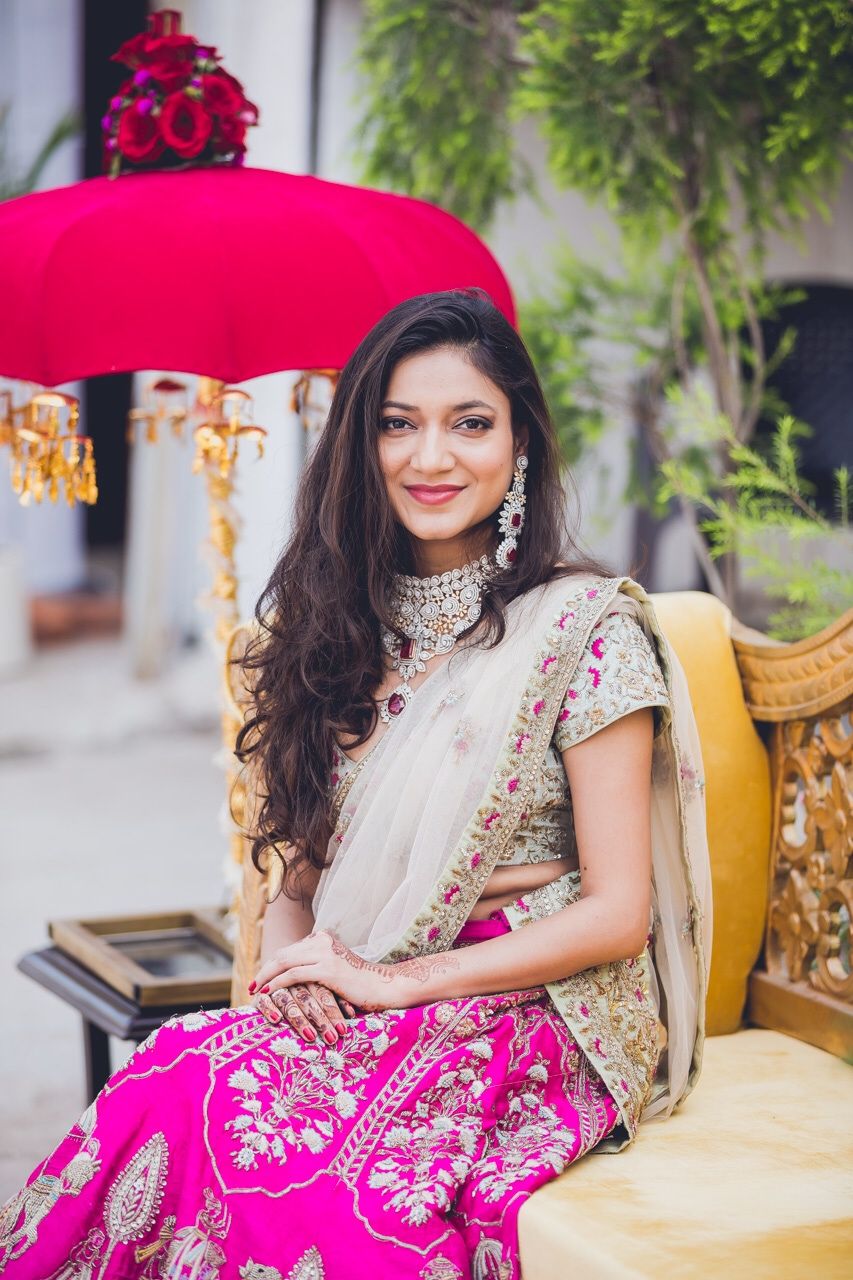 Photo of grey and fuschia color engagement lehenga