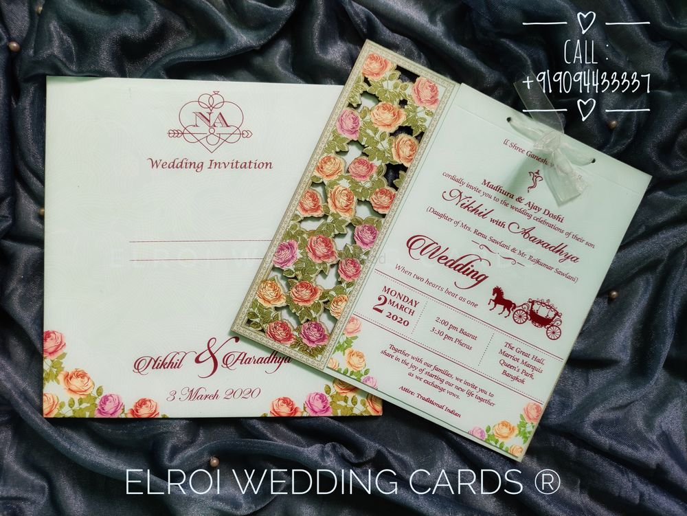 Photo From Wooden photo frame  Laser cut design invitation with 2 leaf insert , Tissue ribbon tying knot. - By ELROI Wedding Cards 