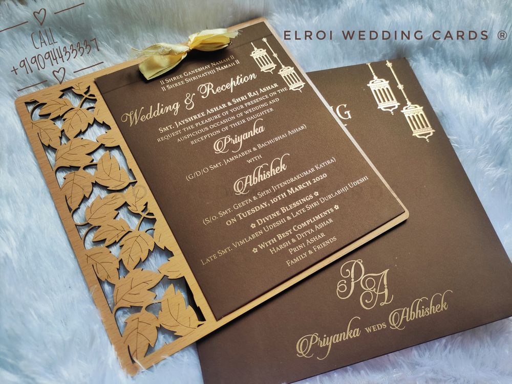 Photo From Wooden photo frame  Laser cut design invitation with 2 leaf insert , Tissue ribbon tying knot. - By ELROI Wedding Cards 