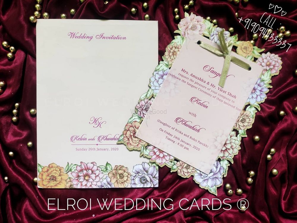 Photo From Floral theme Wood frame invitation | Card wood floral design print & Gold foil and Laser-cut , Cover bottom design print and Gold foil | two inserts floral watermark design, insert tying knots ribbon with Card. - By ELROI Wedding Cards 