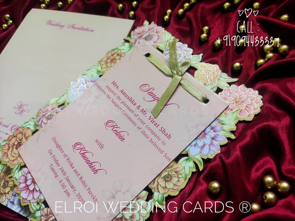 Photo From Floral theme Wood frame invitation | Card wood floral design print & Gold foil and Laser-cut , Cover bottom design print and Gold foil | two inserts floral watermark design, insert tying knots ribbon with Card. - By ELROI Wedding Cards 