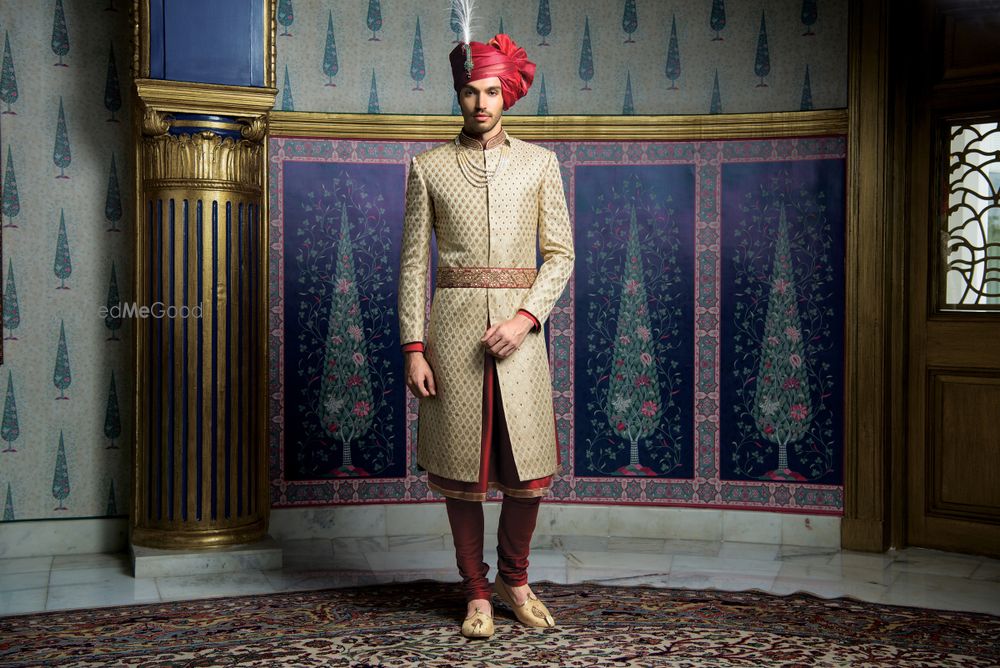 Photo of Beige and maroon sherwani with kamarbandh