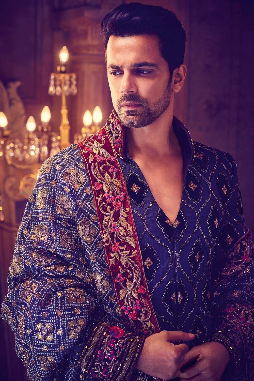 Photo of Blue and maroon sherwani with velvet border and zardozi work