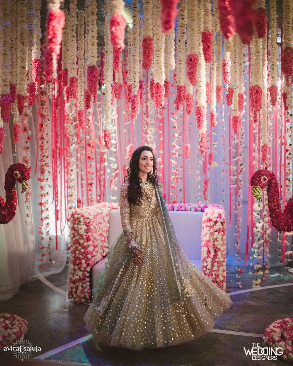 Photo of Gold sequin and mint lehengas for engagement