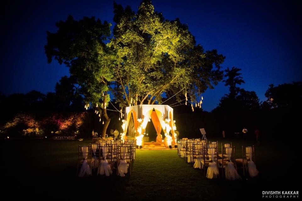 Photo of Glamping theme wedding mandap decor with chairs