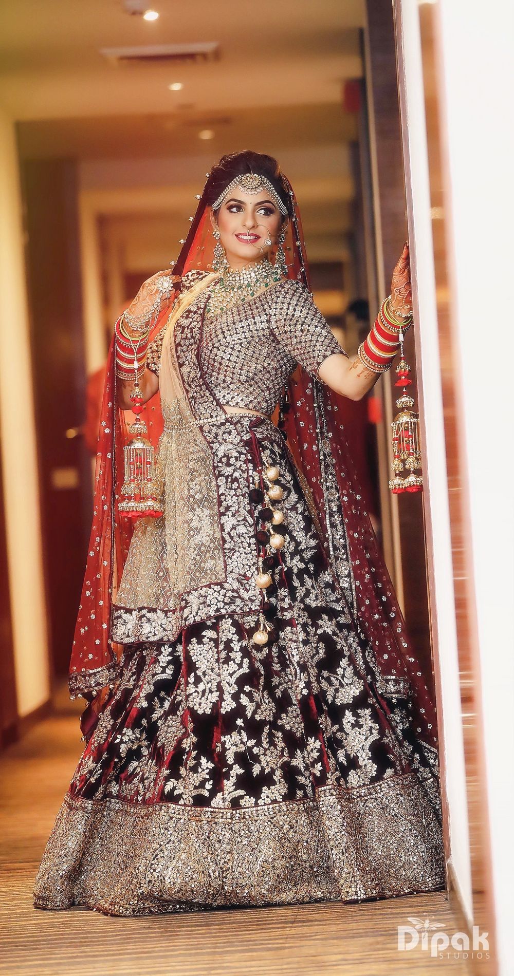 Photo of Winter wedding brown lehenga with floral motifs