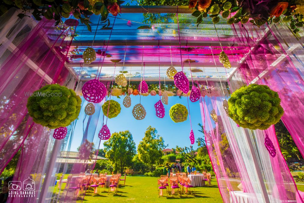 Photo of Green and pink mehendi decor with hanging flower balls