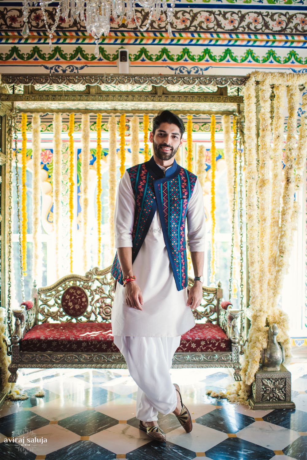 Photo of Mehendi groom wear kurta with blue jaipuri jacket