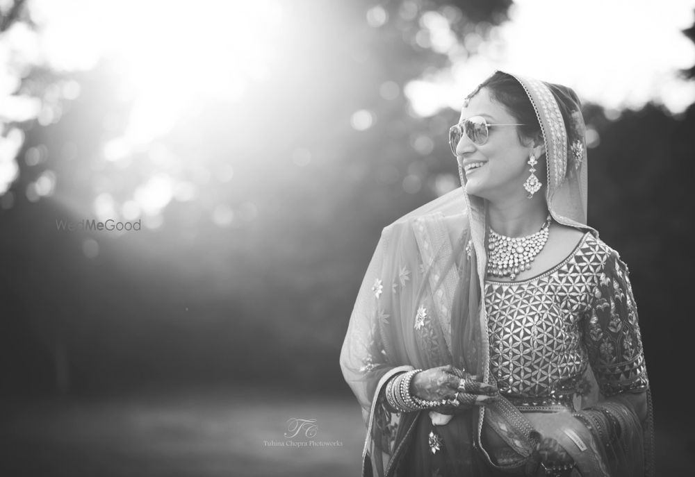 Photo of black and white bridal portraits