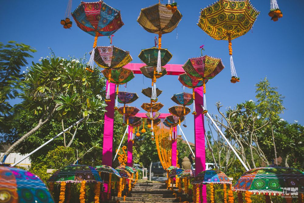 Photo of Mehendi decor idea with hanging inverted umbrellas