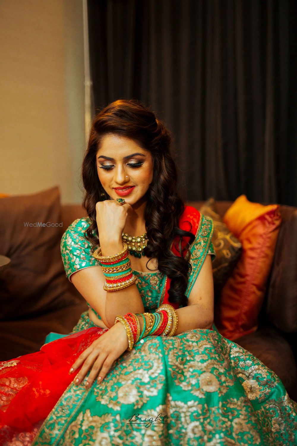 Photo of Turquoise and red engagement lehenga