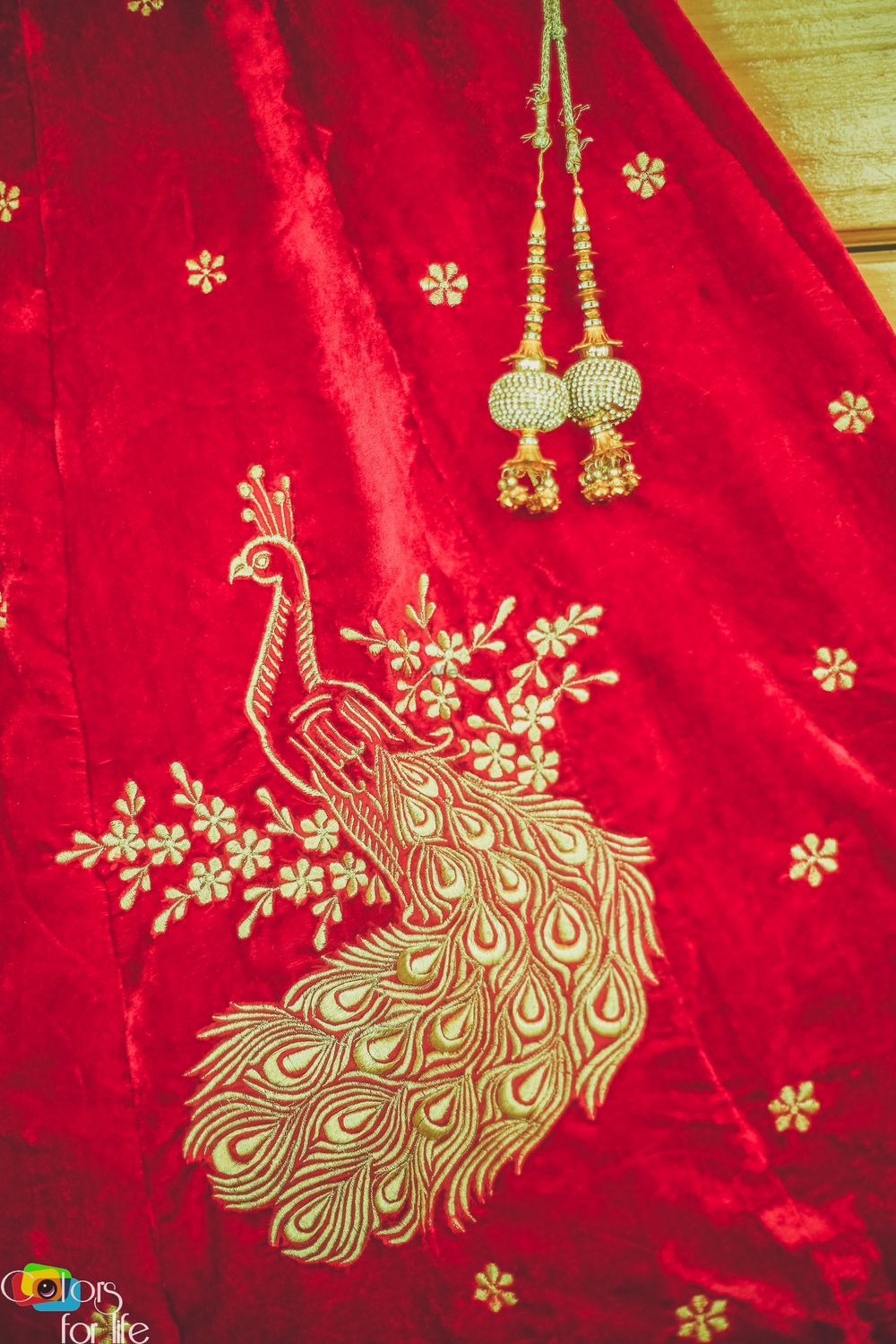 Photo of Peacock embroidery on red bridal lehenga