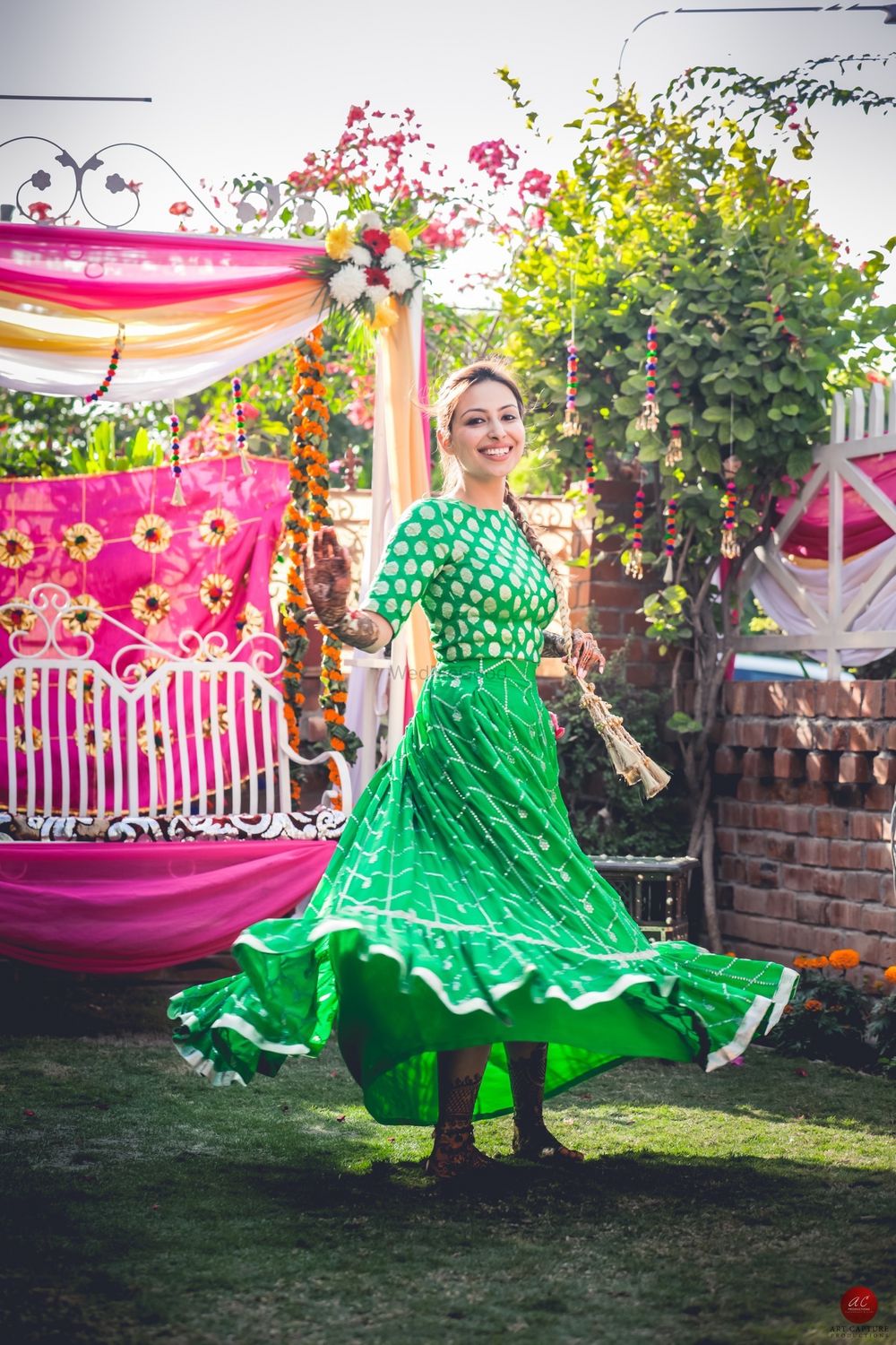 Photo of DIY mehendi outfit with green crop top and skirt