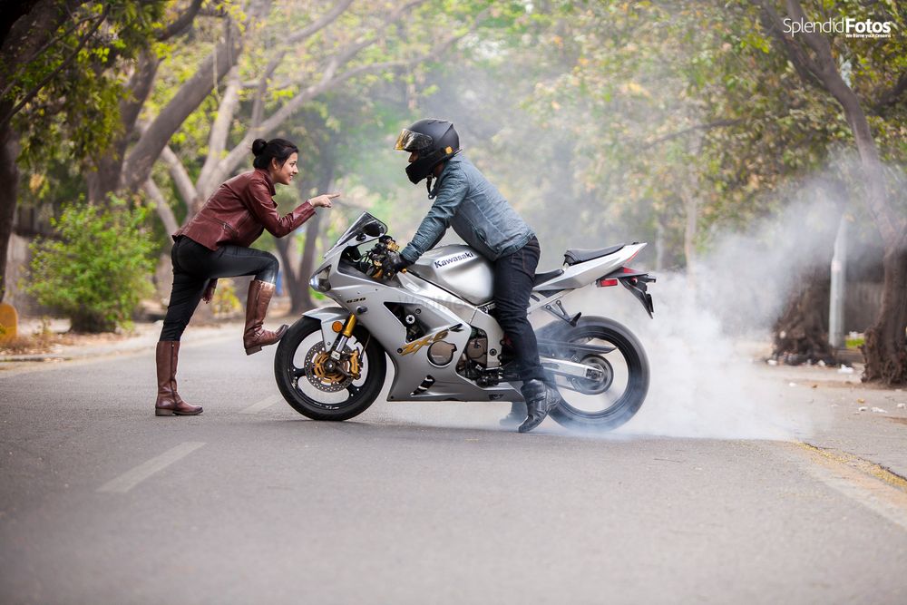 Photo of Biker theme pre wedding shoot with superbike