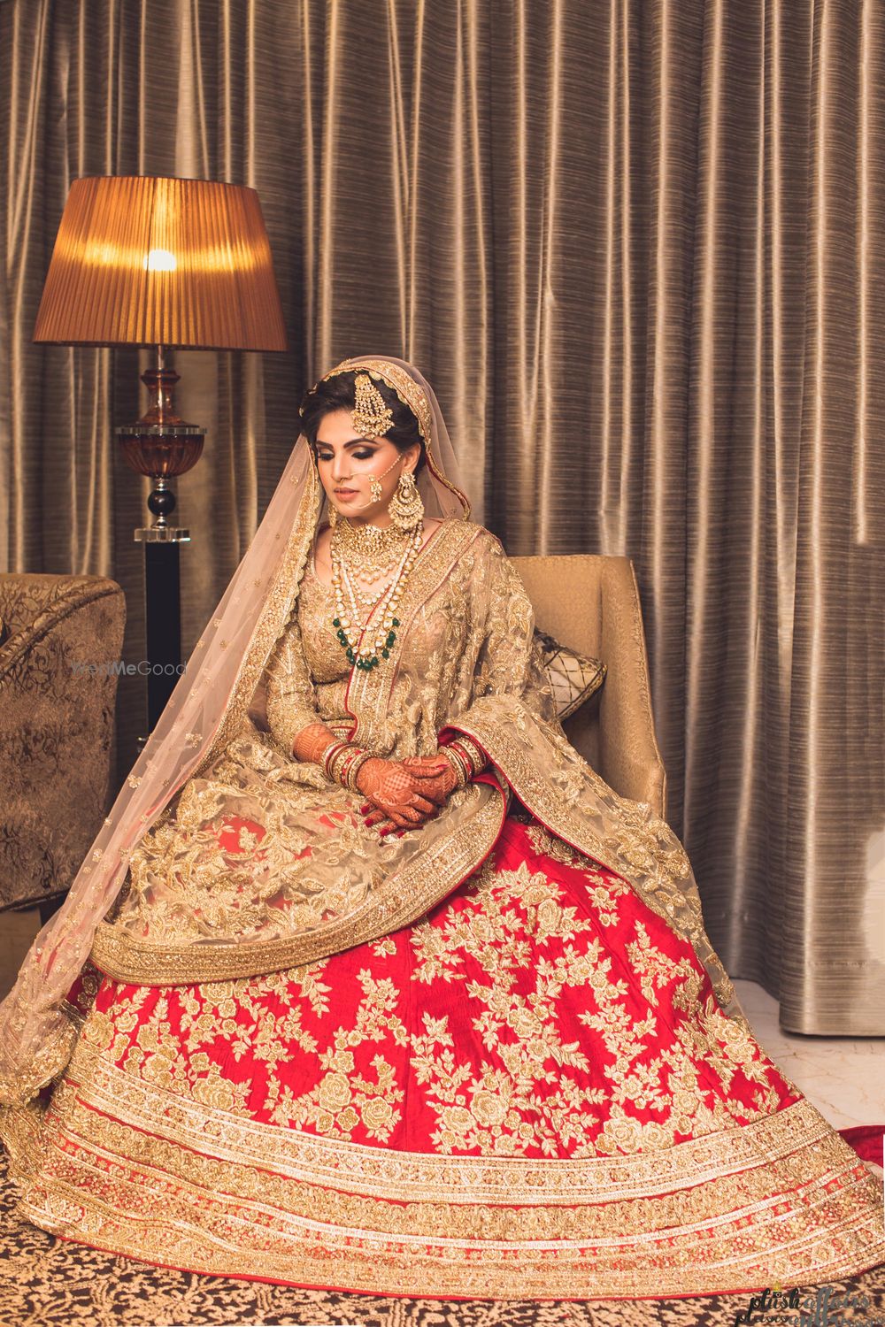 Photo of Muslim bridal look in red and gold lehenga